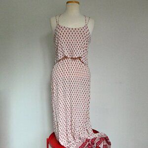 Red White Floral Cottage Core Ruffled Sleeveless Scoop Neck Long Maxi Dress Sz S